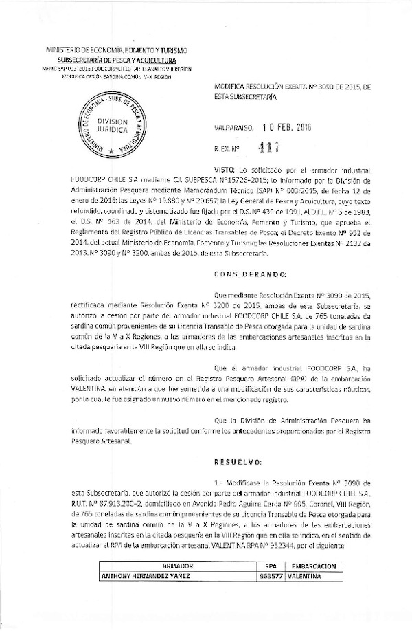 Res. Ex. N° 417-2016 Modifica Res. Ex. N° 3090-2015 Autoriza cesión Sardina común VIII Región.