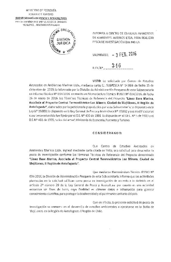 Res. Ex. N° 346-2016 Línea base marina asociada al proyecto Central Termoeléctrica Luz Minera, II Región.