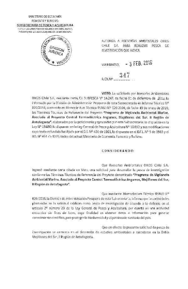 Res. Ex. N° 347-2016 Programa de vigilancia ambiental marino, Central Termoeléctrica Angamos, II Región.
