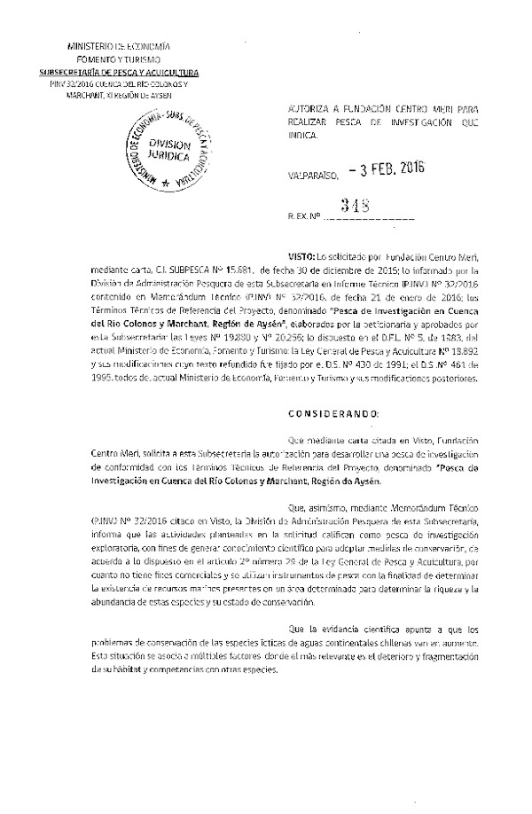 Res. Ex. N° 348-2016 Pesca de investigación en cuenca del Río Colonos y Marchant, XI Región.