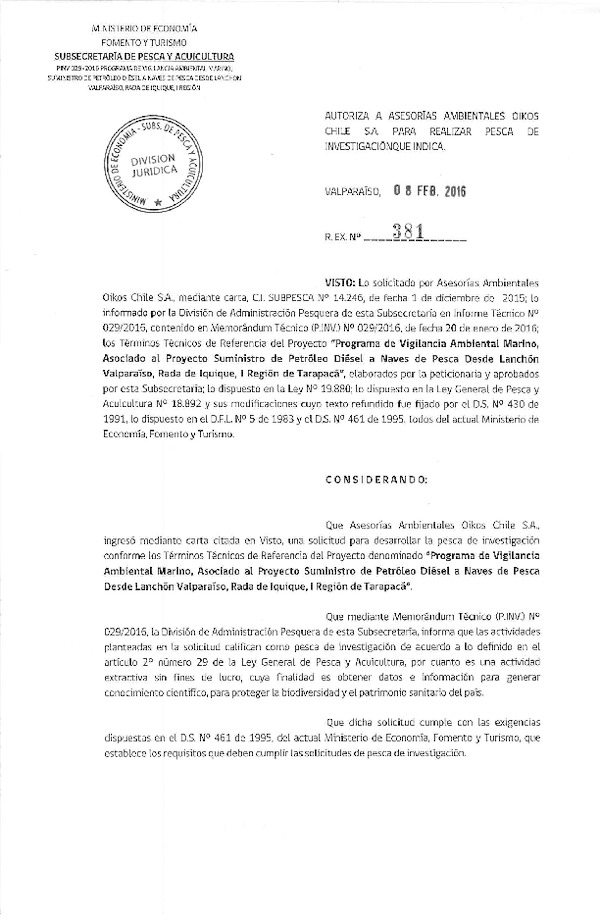 Res. Ex. N° 381-2016 Programa de vigilancia ambiental marino, proyecto Suministro de Petróleo Diésel, I Región.