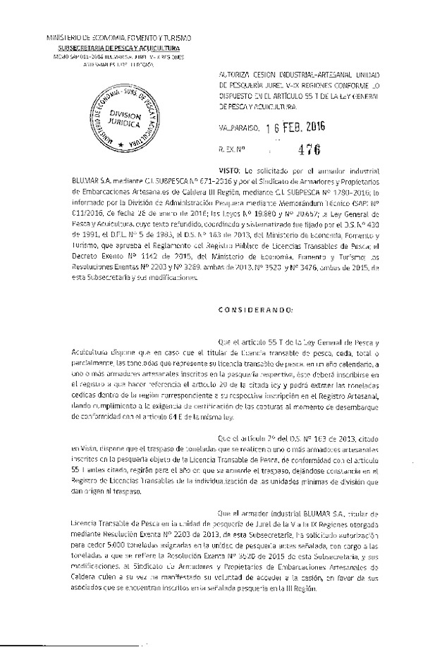 Res. Ex. N° 476-2016 Autoriza Cesión Jurel III Región.