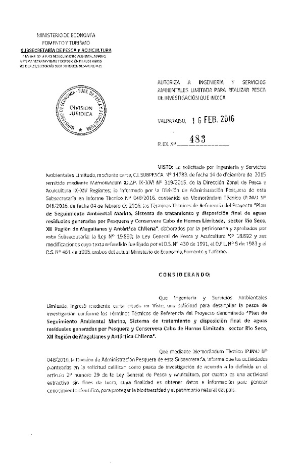 Res. Ex. N° 483-2016 Plan de seguimiento ambiental marino, sector Río Seco, XII Región.