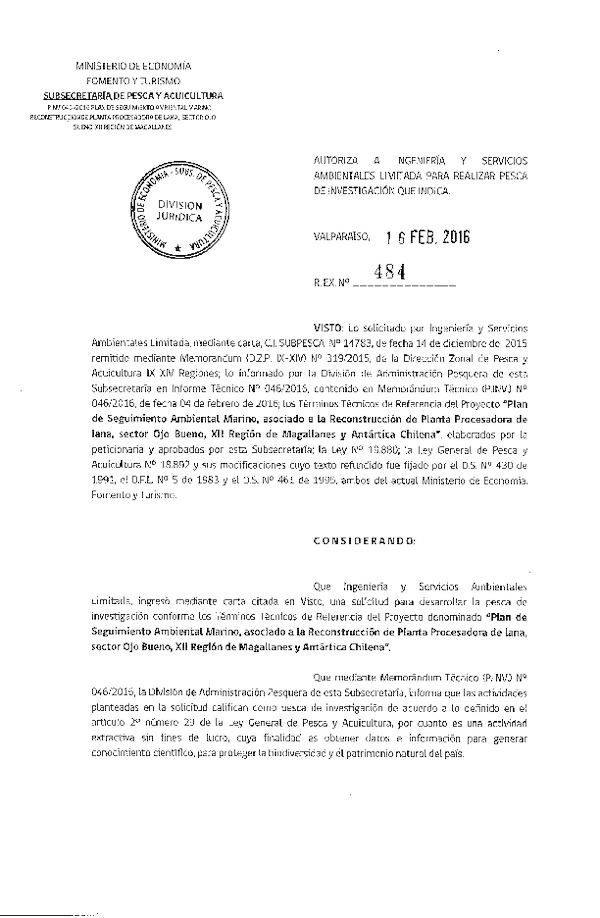 Res. Ex. N° 484-2016 Plan de seguimiento ambiental marino, sector Ojo Bueno, XII Región.