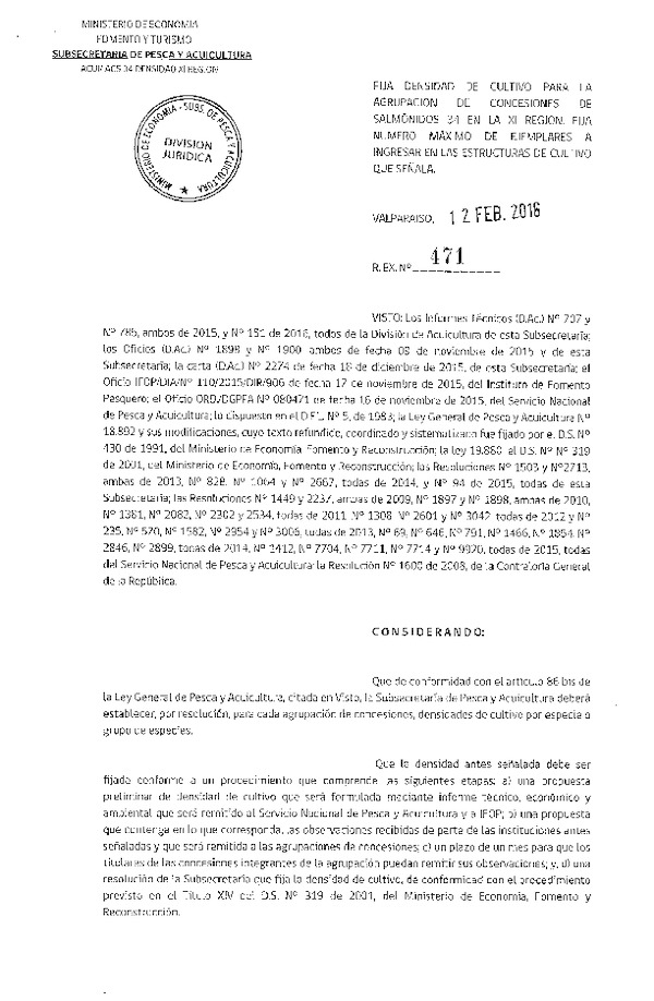 Res. Ex. N° 471-2016 Fija densidad de cultivo para la Agrupación de concesión de Salmonidos 34, XI Región. (F.D.O. 19-02-2016)
