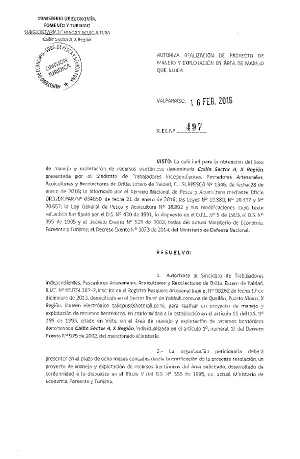 Res. Ex. N° 497-2016 PROYECTO DE MANEJO.
