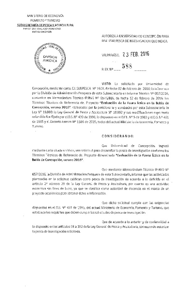 Res. Ex. N° 588-2016 Evaluación fauna íctica Bahía de Concepción, verano 2016.