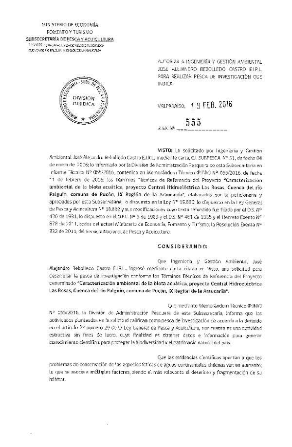 Res. Ex. N° 555-2016 Caracterización ambiental de la biota acuática, IX Región.