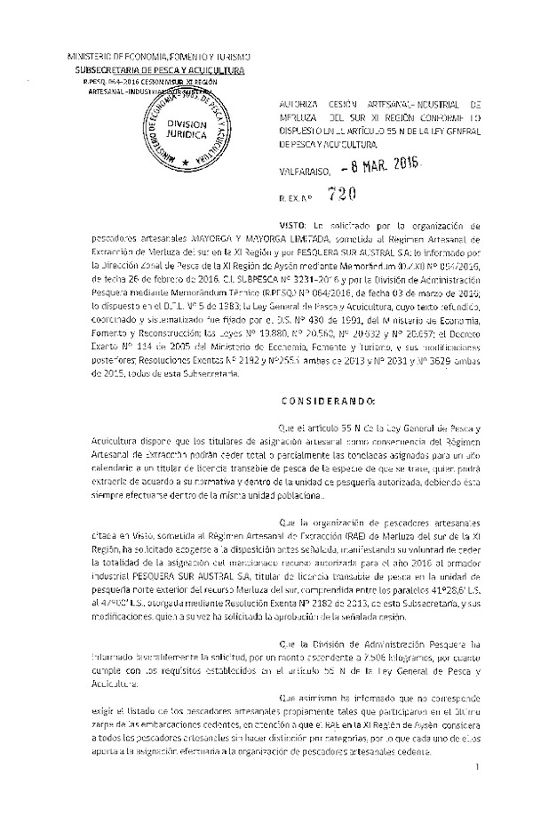 Res. Ex. N° 720-2016 Autotiza Cesión Merluza del sur XI Región.