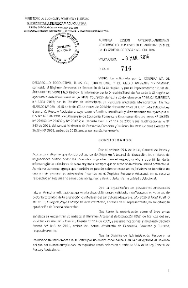 Res. Ex. N° 716-2016 Autotiza Cesión Merluza del sur XI-X Región.