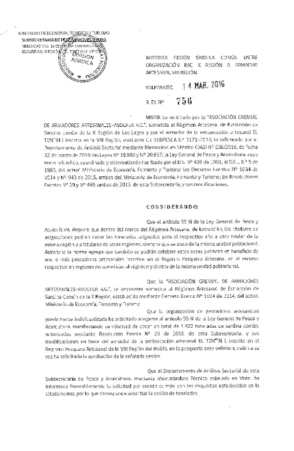 Res. Ex. N° 756-2016 Autoriza Cesión Sardina común X Región.