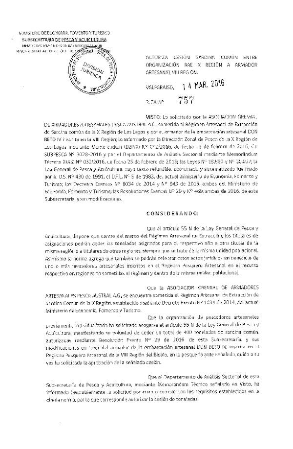 Res. Ex. N° 757-2016 Autoriza Cesión Sardina común X Región.