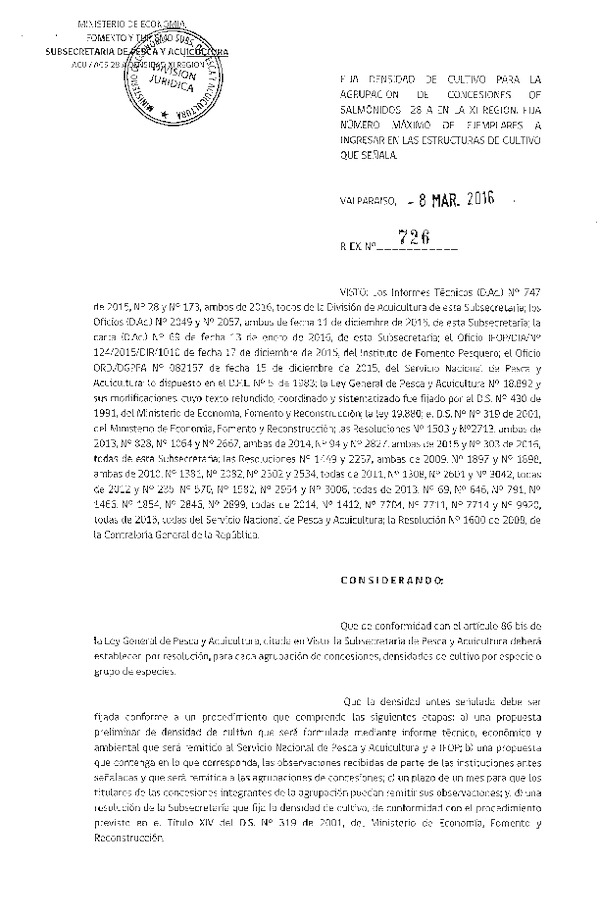 Res. Ex. N° 726-2016 Fija densidad de cultivo para la Agrupación de concesión de Salmonidos 28 A, XI Región. (F.D.O. 16-03-2016)