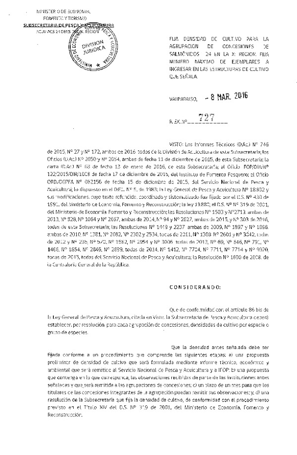 Res. Ex. N° 727-2016 Fija densidad de cultivo para la Agrupación de concesión de Salmonidos 24, XI Región. (F.D.O. 16-03-2016)