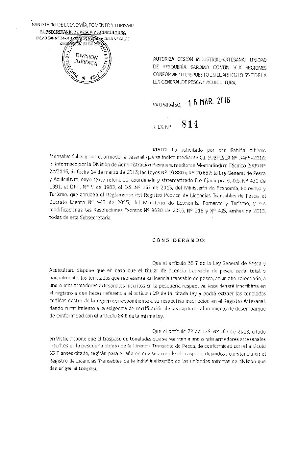 Res. Ex. N° 814-2016 Autoriza Cesión Sardina Común XIV Región.