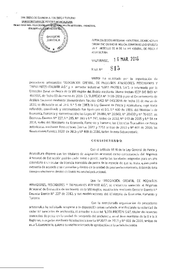 Res. Ex. N° 815-2016 Autoriza Cesión Anchoveta VIII Región.