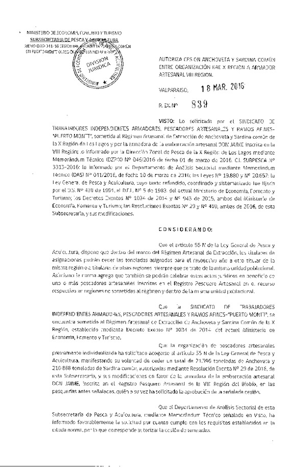 Res. Ex. N° 839-2016 Autoriza Cesión Anchoveta y Sardina Común X a VIII Región.