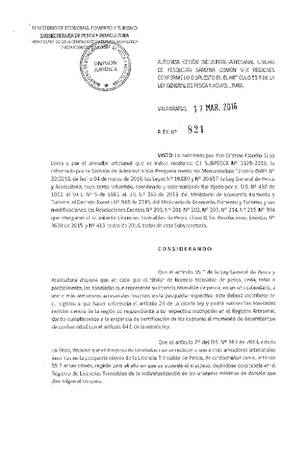 Res. Ex. N° 821-2016 Autoriza Cesión Sardina común VIII a XIV Región.