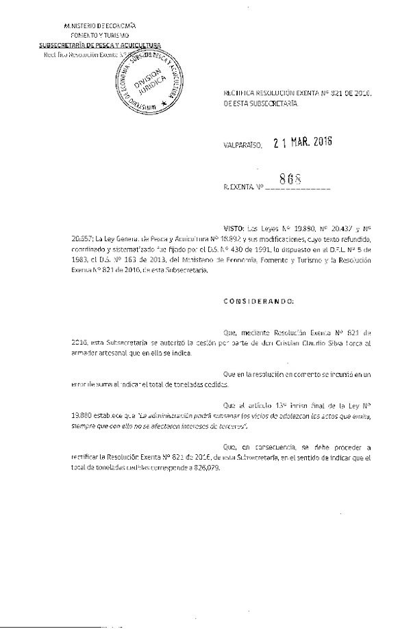 Res. Ex. N° 868-2016 Rectifica Res. Ex. N° 821-2016 Autoriza Cesión Sardina común VIII a XIV Región.