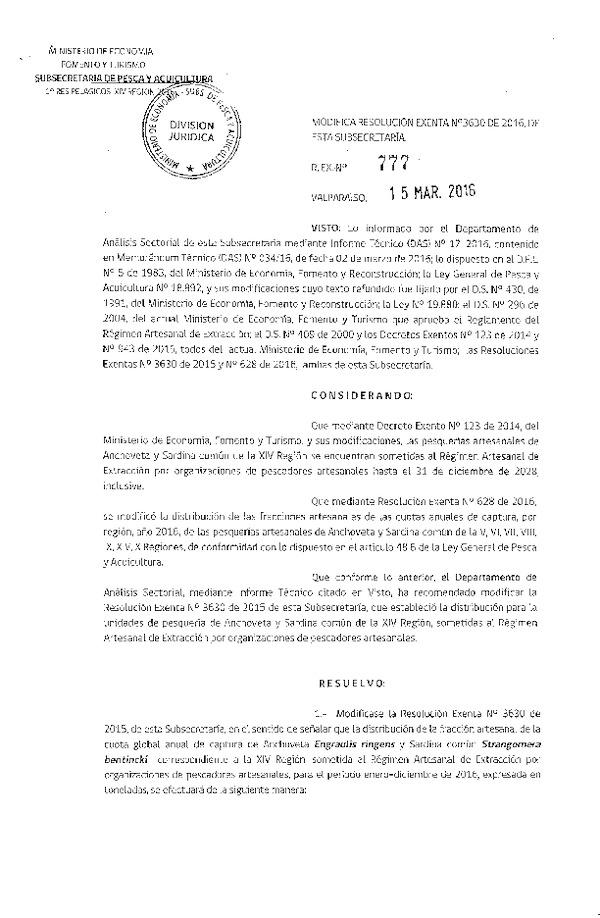 Res. Ex. N° 777-2016 Modifica Res. Ex. N° 3630-2015 Distribución de la Fracción Artesanal de Pesquería de Anchoveta y Sardina Común, XIV Región, año 2016. (F.D.O. 22-03-2016)