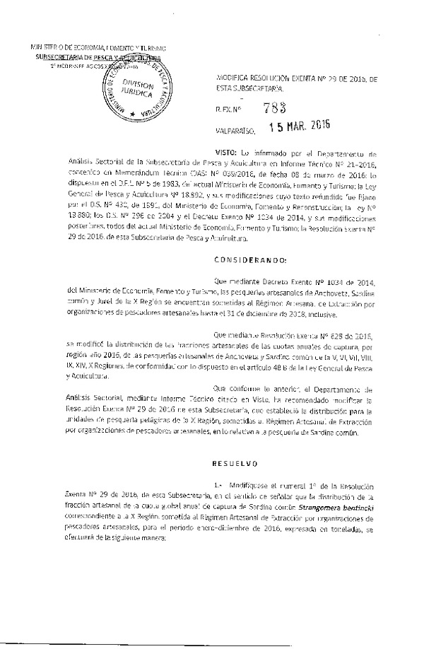Res. Ex. N° 783-2016 Modifica Res. Ex. N° 29-2016 Distribución de la Fracción Artesanal de Pesquería de Anchoveta, Sardina común y Jurel en la X Región. (F.D.O. 22-03-2016)