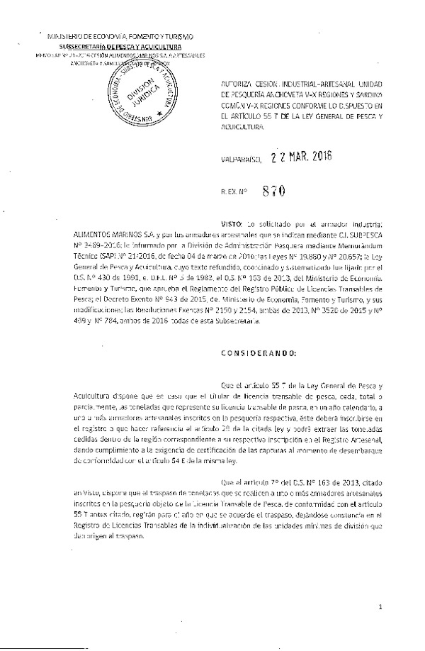 Res. Ex. N° 870-2016 Autoriza Cesión de Anchoveta y Sardina Común VIII Región.