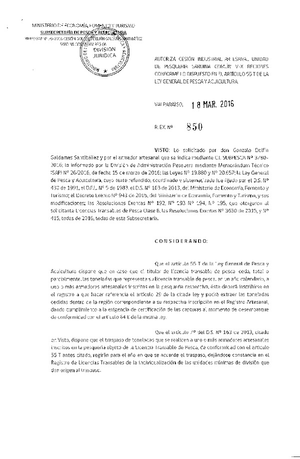 Res. Ex. N° 850-2016 Autoriza Cesión Sardina común XIV Región.