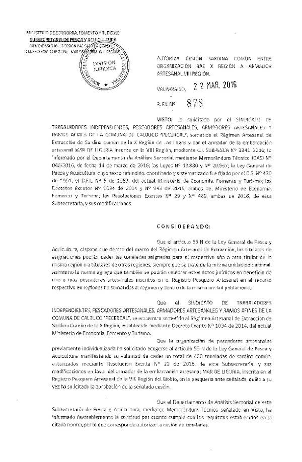 Res. Ex. N° 878-2016 Autoriza Cesión Sardina Común X a VIII Región.