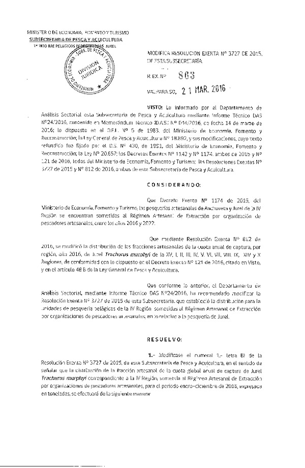 Res. Ex. N° 863-2016 Modifica Res. Ex. N° 3727-2015 Distribución de la Fracción Artesanal de Pesquería de Anchoveta, Sardina común y Jurel en la IV Región. (F.D.O. 28-03-2016)
