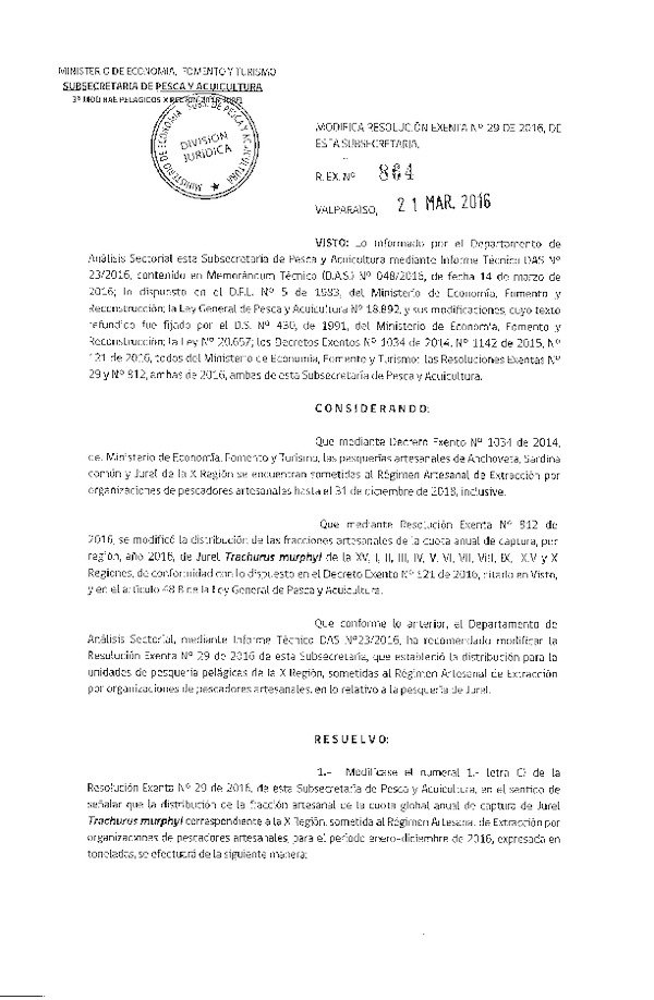 Res. Ex. 864-2016 Modifica Res. Ex. N° 29-2016 Distribución de la Fracción Artesanal de Pesquería de Anchoveta, Sardina común y Jurel en la X Región. (F.D.O. 28-03-2016)