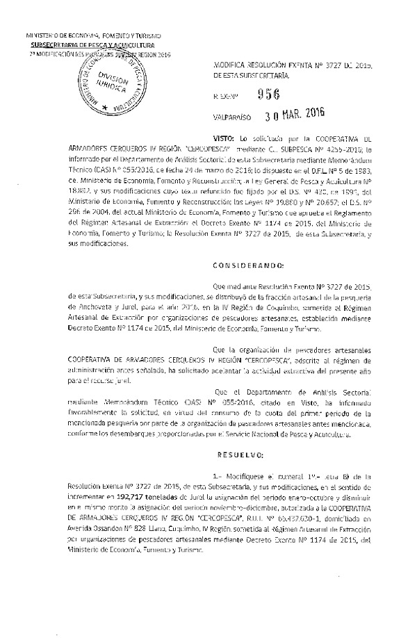 Res. Ex. N° 956-2016 Modifica Res. Ex. N° 3727-2015 Distribución de la Fracción Artesanal de Pesquería de Anchoveta, Sardina común y Jurel en la IV Región.