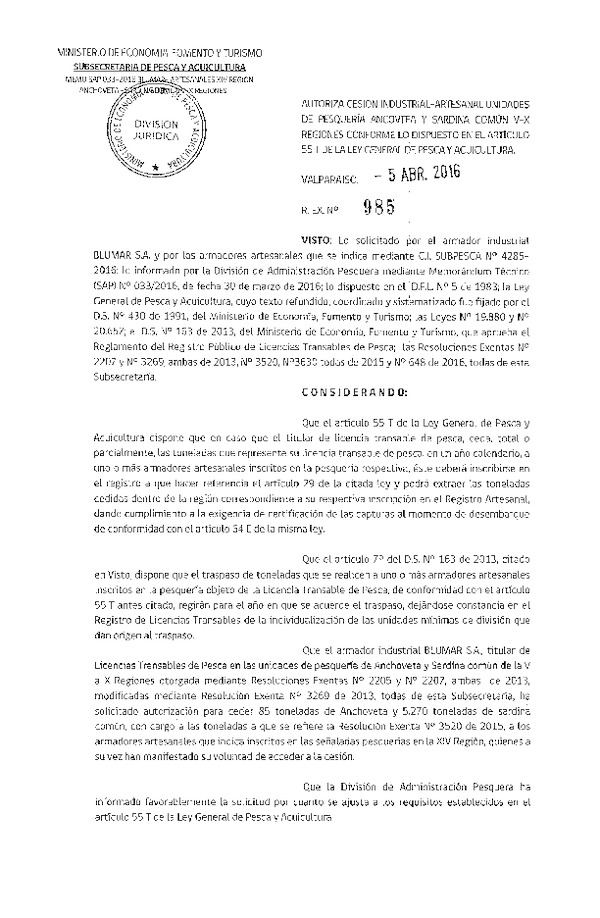 Res. Ex. N° 985-2016 Autoriza Cesión Anchoveta y Sardina común XIV Región.