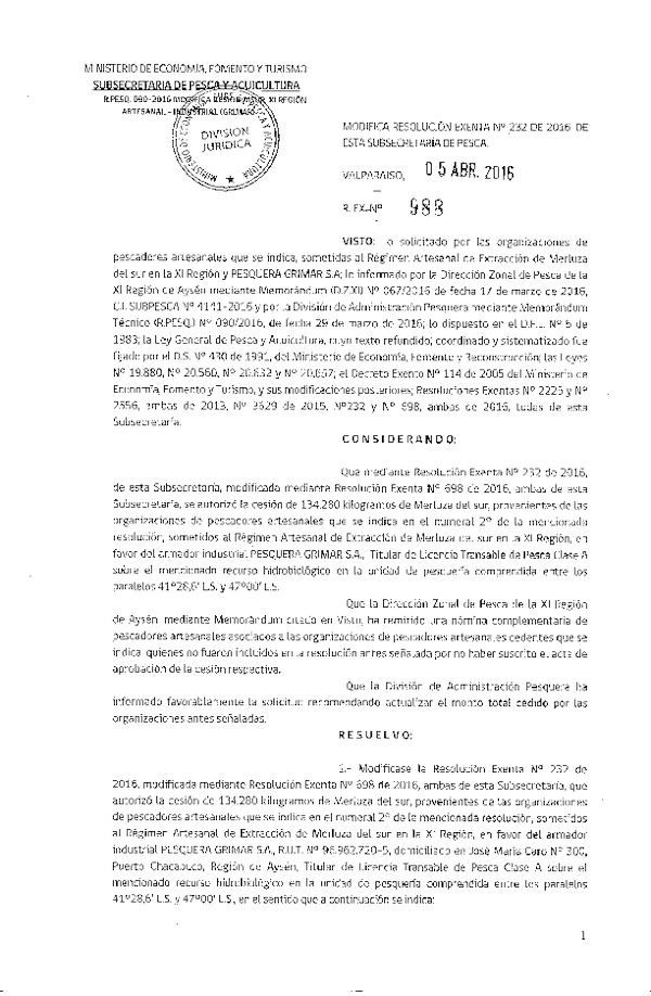 Res. Ex. N° 988-2016 Modifica Res. Ex. N° 232-2016 Autoriza Cesión Merluza del sur, XI Región.