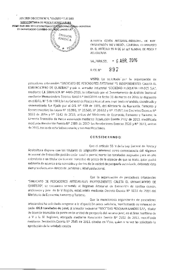 Res. Ex. N° 997-2016 Autoriza Cesión Jurel V Región.