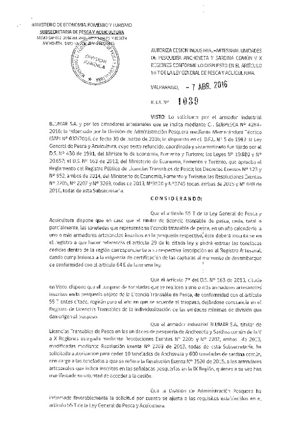 Res. Ex. N° 1039-2016 Autoriza Cesión Anchoveta y Sardina común IX Región.