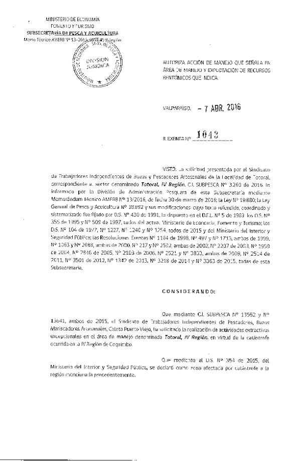 Res. Ex. N° 1043-2016 ACCIÓN DE MANEJO.
