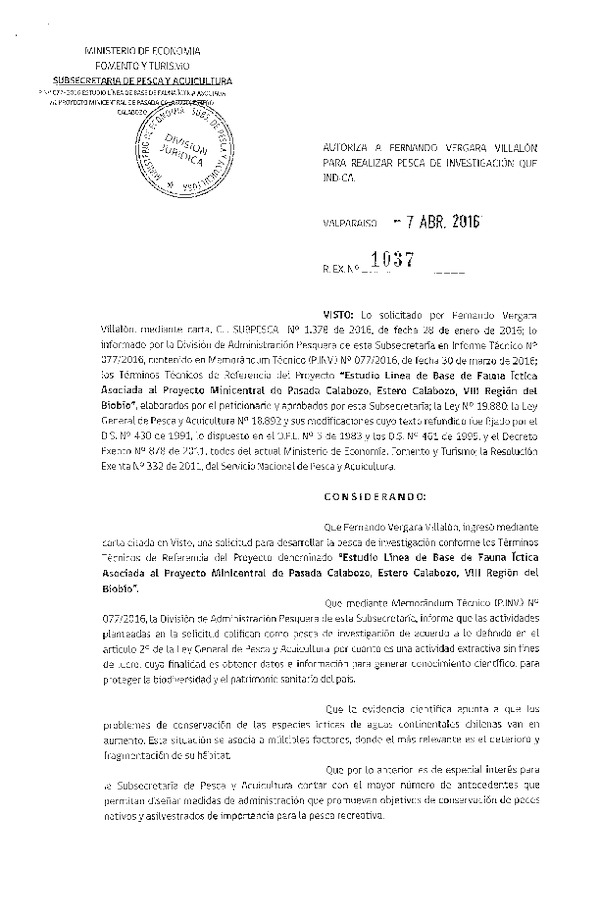 Res. Ex. N° 1037-2016 Estudio línea de base fauna íctica estero Calabozo VIII Región.