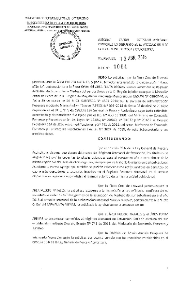 Res. Ex. N° 1064-2016 Autoriza cesión Merluza dle sur XII Región.