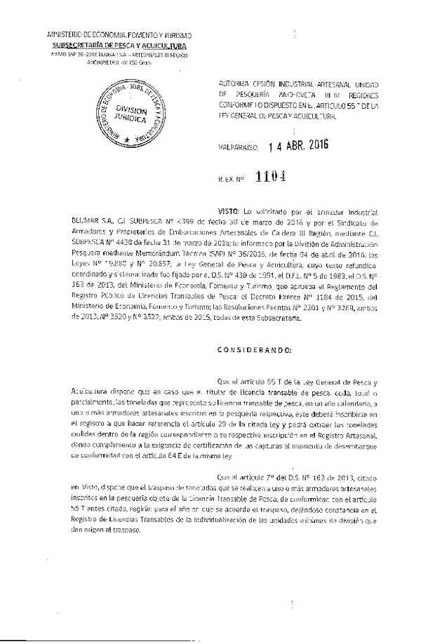 Res. Ex. N° 1104-2016 Autoriza cesión recurso anchoveta, III Región.