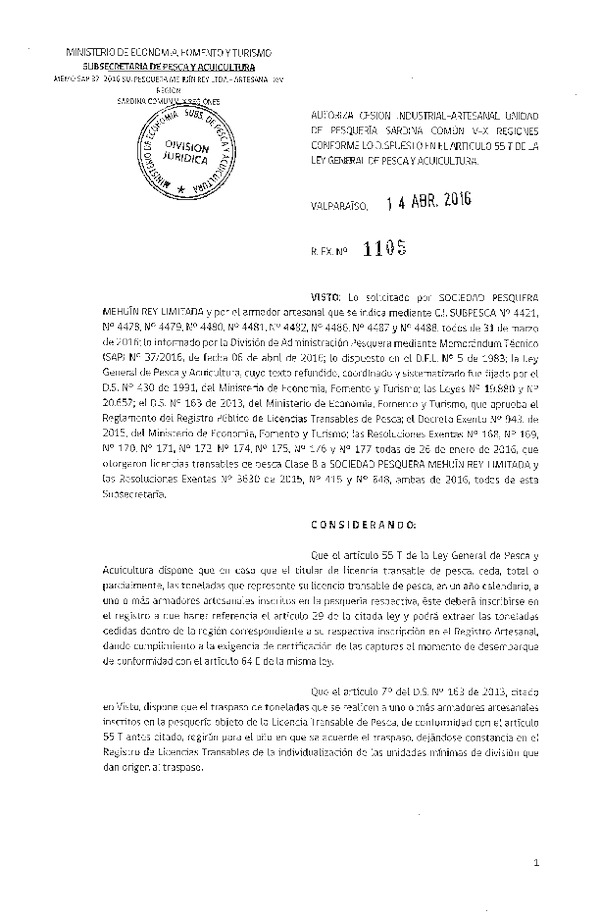 Res. Ex. N° 1105-2016 Autoriza cesión recurso sardina común, XIV Región.