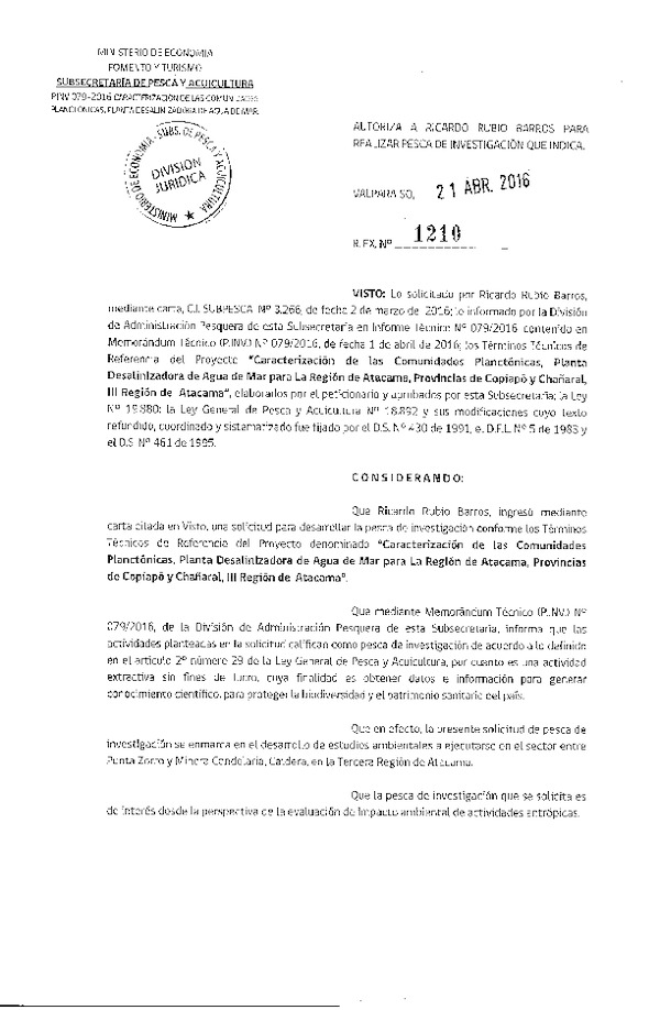 Res. Ex. N° 1210-2016 Caracterización de las comunidades planctónicas III Región.