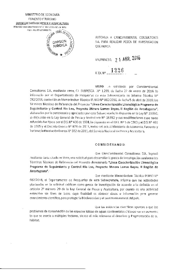 Res. Ex. N° 1226-2016 Línea caracteriación limnológica programa de seguimiento y control río Loa, II Región.