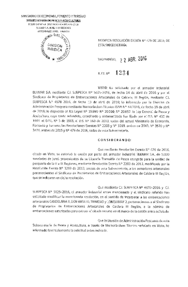 Res. Ex. N° 1234-2016 Modifica Res. Ex. N° 476-2016 Autoriza Cesión Jurel III Región.