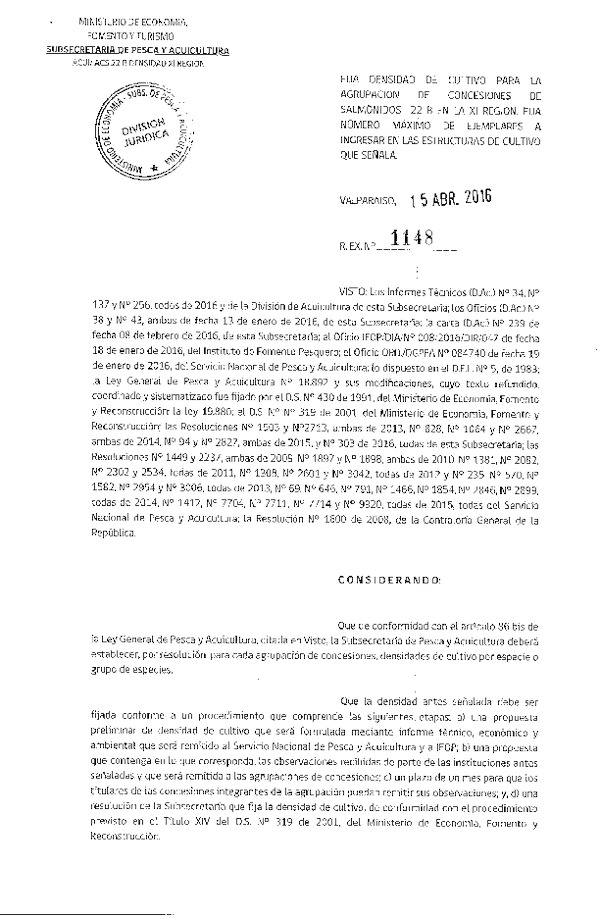 Res. Ex. N° 1148-2016 Fija densidad de cultivo para la Agrupación de concesión de Salmonidos 22 B, XI Región. (F.D.O. 21-04-2016)
