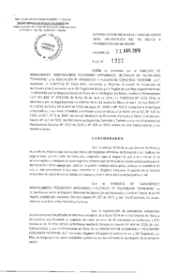 Res. Ex. N° 1237-2016 Autoriza Cesión Anchoveta y Sardina común VIII a XIV Región.