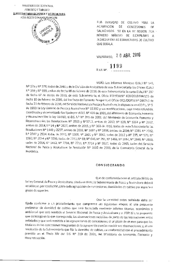 Res. Ex. N° 1199-2016 Fija densidad de cultivo para la agrupación de concesión de Salmónidos 55, XII Región. (F.D.O. 26-04-2016)