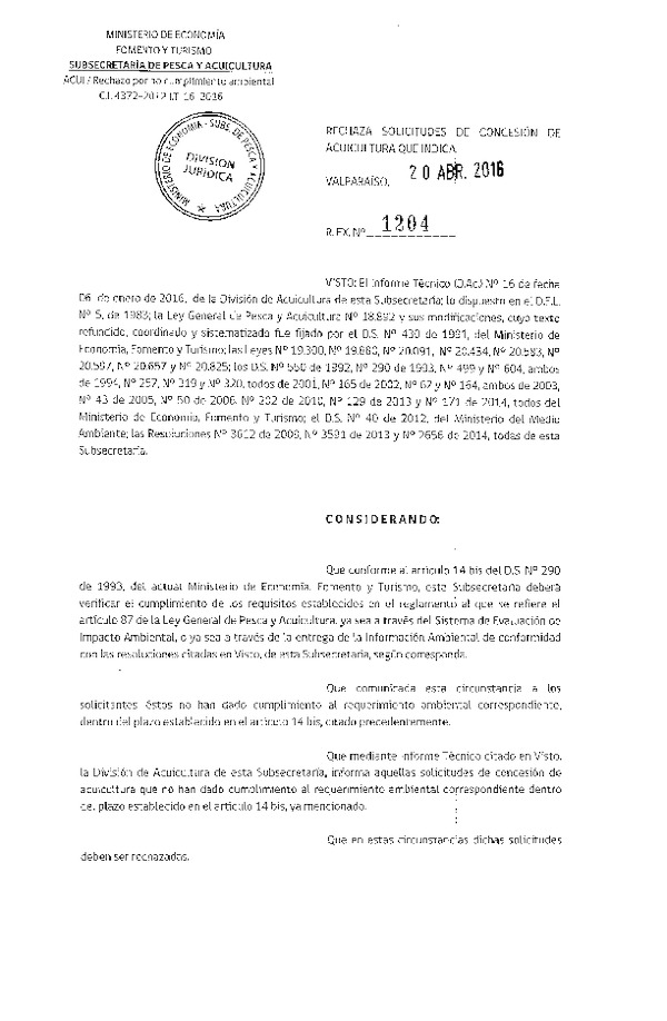 Res. Ex. N° 1204-2016 Rechaza Solicitudes de Concesión de Acuicultura.