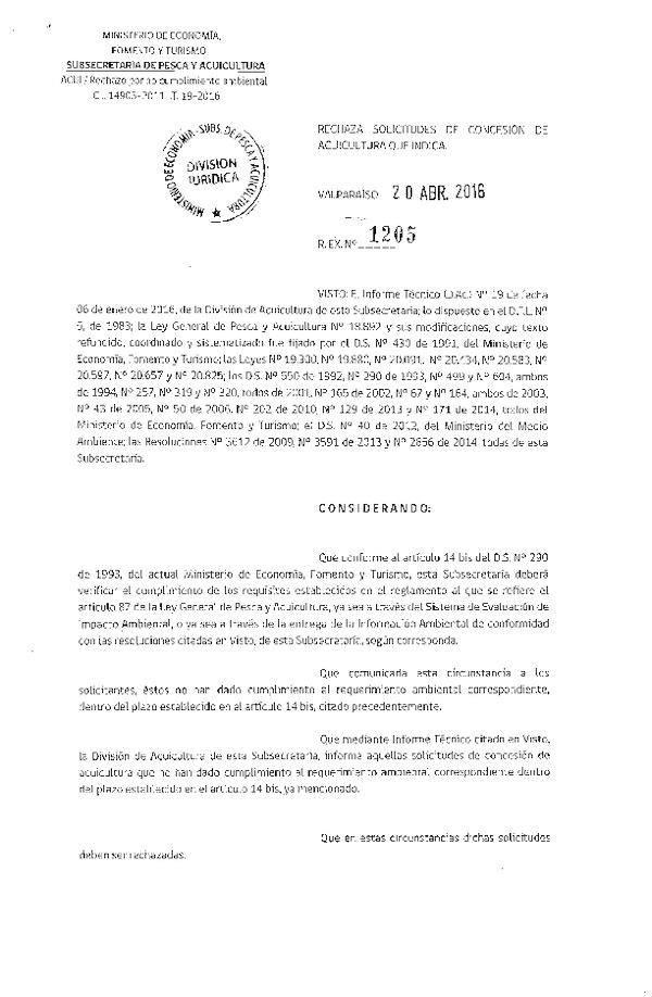 Res. Ex. N° 1205-2016 Rechaza Solicitudes de Concesión de Acuicultura.