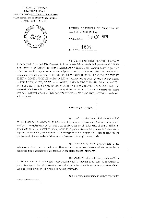 Res. Ex. N° 1206-2016 Rechaza Solicitudes de Concesión de Acuicultura.