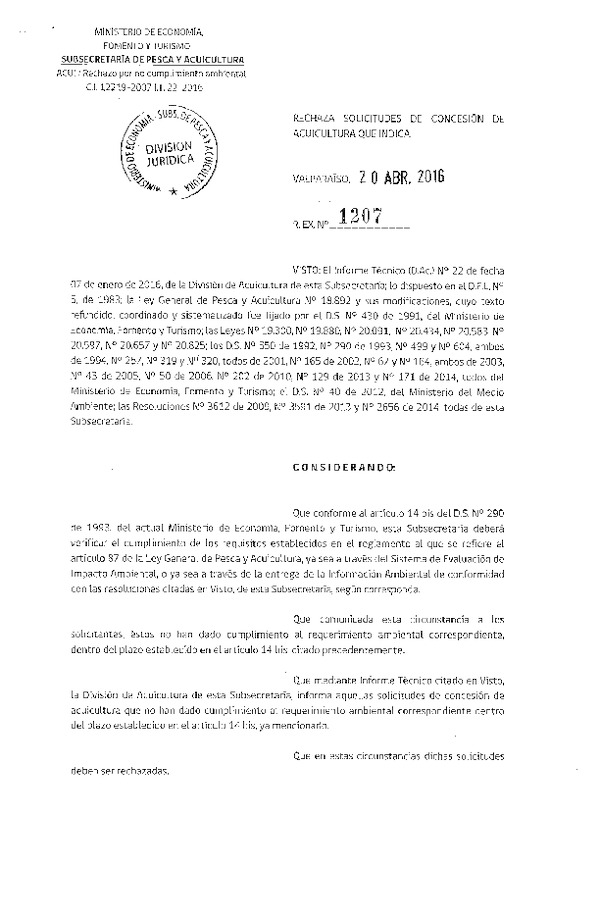 Res. Ex. N° 1207-2016 Rechaza Solicitudes de Concesión de Acuicultura.